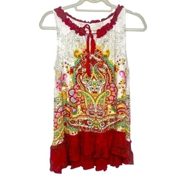 Bila Tops - Bila Tank Top Red Blue Floral Paisley Boho Peasant Ruffle Size Small Blouse